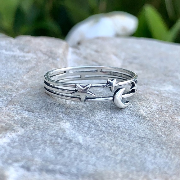 925 Sterling Silver Layered Moon and Stars Ring - Picture 6 of 10